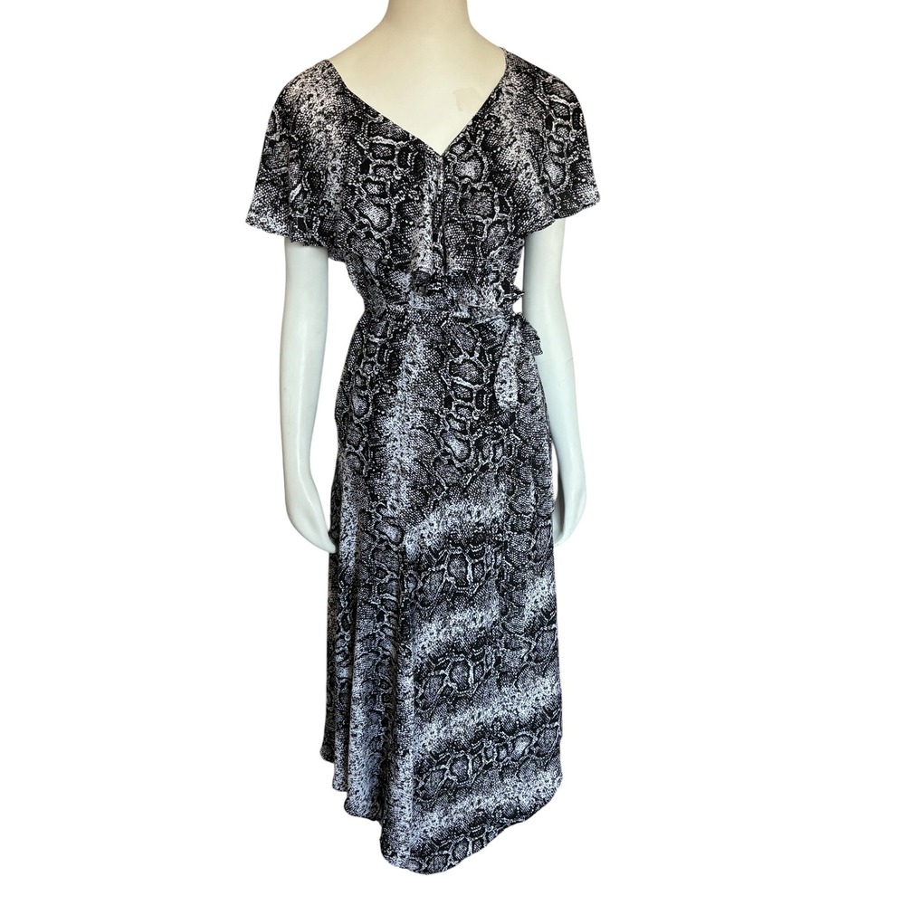 Bianca Nygard Womens Grey Snakeskin Print Ruffle Wrap Midi Dress Size 8